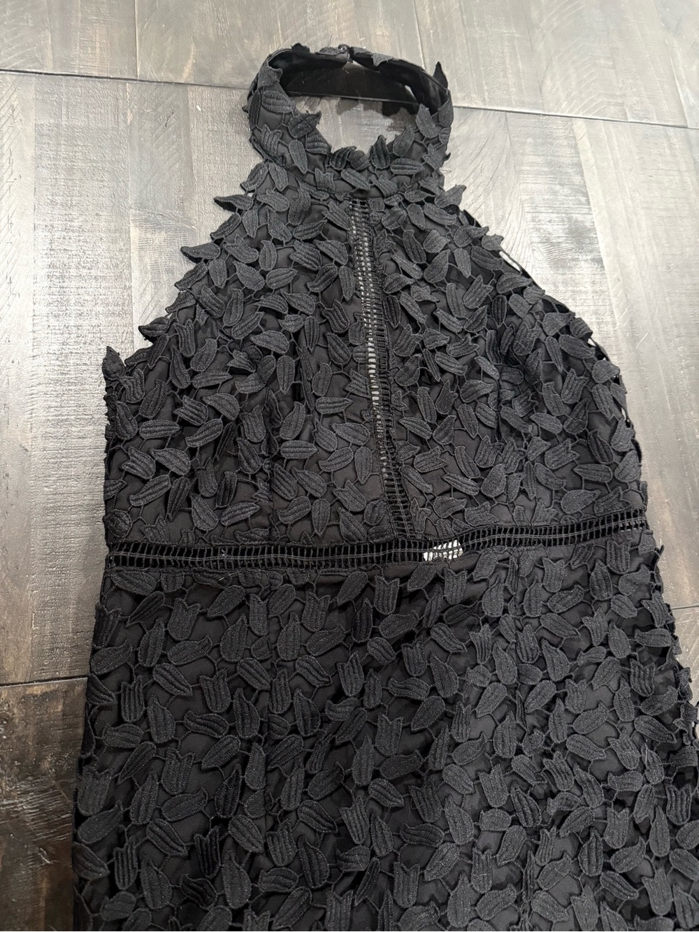 Bardot Black Floral Lace Halter Dress Sheer Hem Elegant Cocktail Dress Size 10